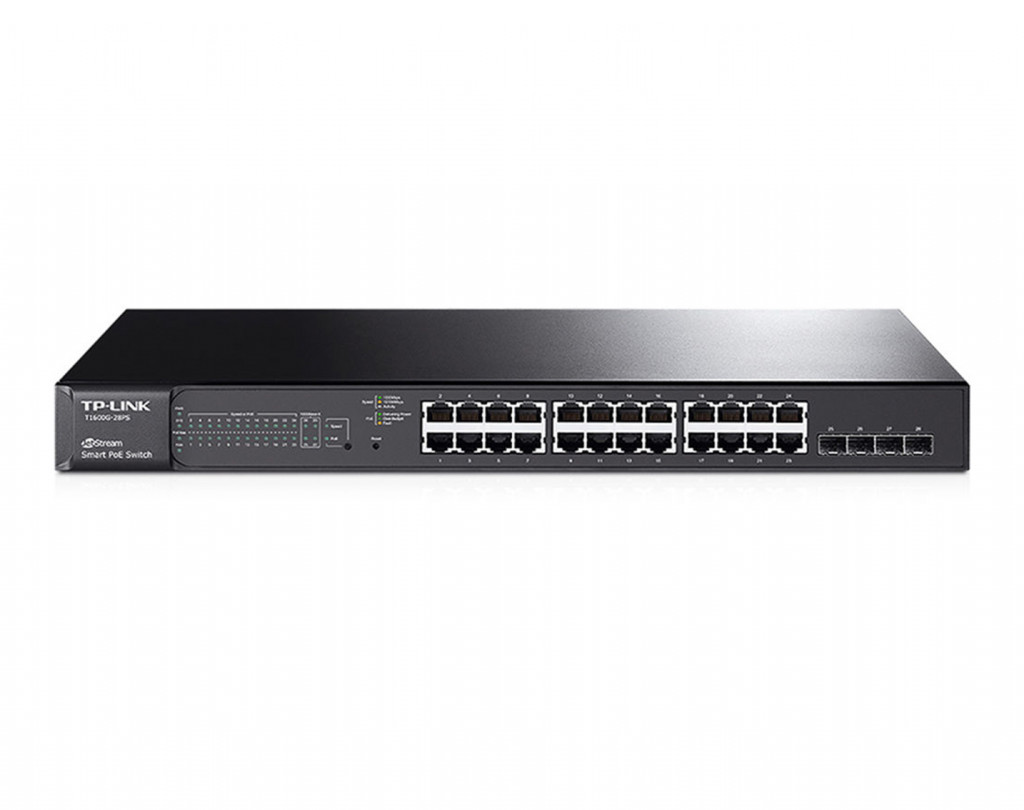 سوئیچ شبکه 24 پورت +PoE با 4 پورت SFP تی پی لینک مدل T1600G-28PS (TL-SG2424P)